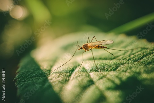 Mosquito On Leaf. Relaxed Insect Seated On Leaf Illuminated By Soft Sunlight During Summer Afternoon