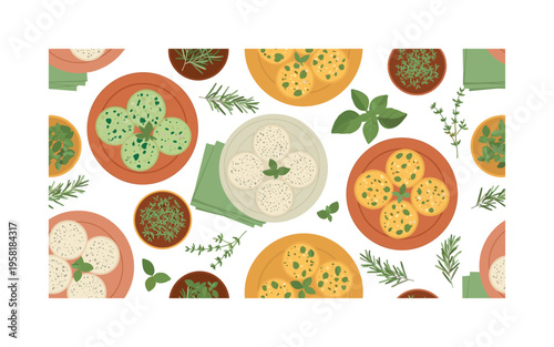 herb-infused cookies seamless pattern, rosemary, thyme, basil cookies, serving plates, small bowls of herbs, and napkins arranged in a repeating pattern, white