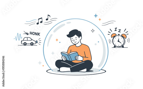 Calm focus with reduced noise. A person reading or working peacefully while soft sound waves remain outside a protective bubble, showing comfort and