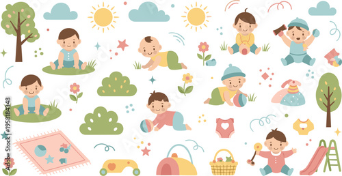 Kids Outdoor Activities Vector Set with Children Playing in Park Crawling Sitting Exploring Nature and Playground Elements Illustration.