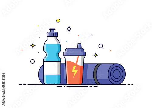 Daily fitness routine water bottle and protein shake standing beside a yoga mat forming a compact workout preparation scene. Positive concept symbolizing