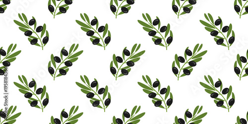 Black olive branch seamless pattern for kitchen textile, wallpaper, wrapping paper and Mediterranean food decor