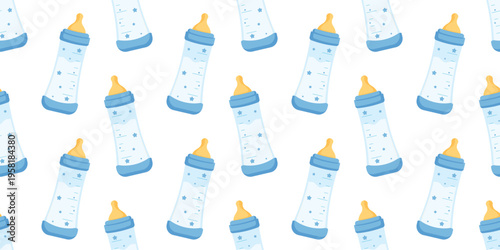 Blue baby bottle with milk seamless pattern for nursery textile, wallpaper, wrapping paper