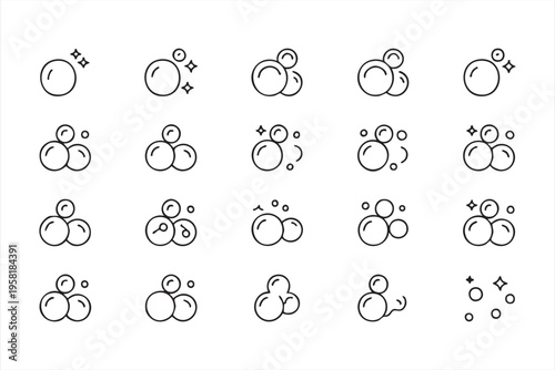 Soap Bubbles Cleaning Icon Set with Foam and Hygiene Symbols Outline Style