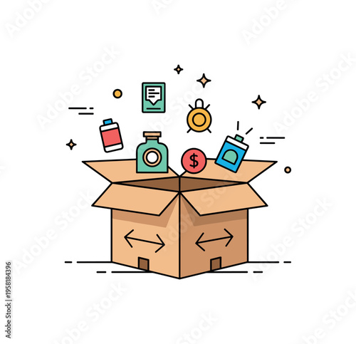 Subscription box delivery cardboard box opening with small product icons and a recurring arrow symbol suggesting monthly curated deliveries to subscribers. The