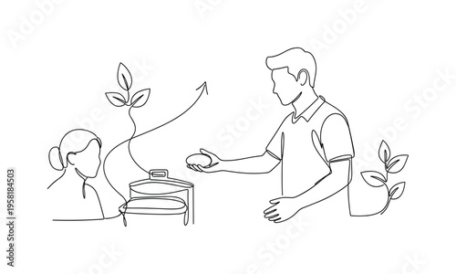 Volunteering for Growth. Minimalistic one-line drawing person helping at food bank or relief center symbolizing self-development, continuous single black line