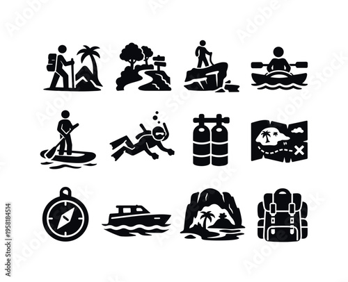 Island Adventure. Solid icon set of Island Adventure: island hiking, jungle trail, cliff viewpoint, kayaking, paddleboard, snorkeling diver, scuba tank, island
