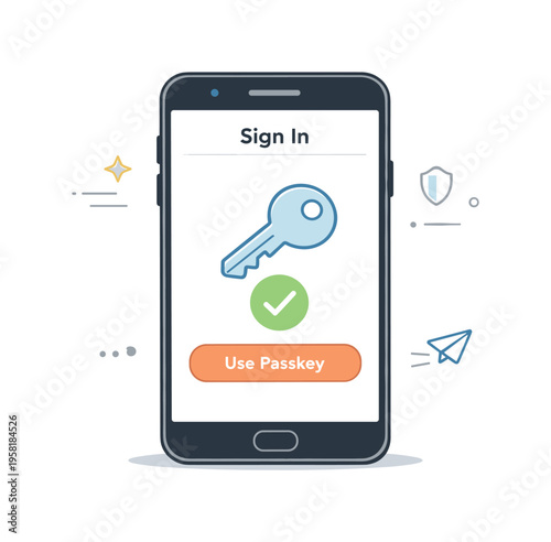 Passkey login adoption. A smartphone displaying a simple login screen with a key icon and subtle checkmark, showing passwordless access and ease of use. Calm