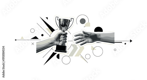 award being handed over, geometric arrows circles and abstract shapes emphasizing acknowledgment and ceremony, black and white retro realistic hands with