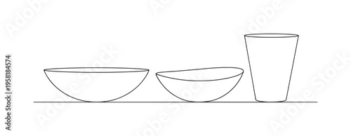 Elegant Bowls. Minimalistic one-line drawing decorative bowls of different shapes placed in a balanced composition on a flat surface, continuous single black