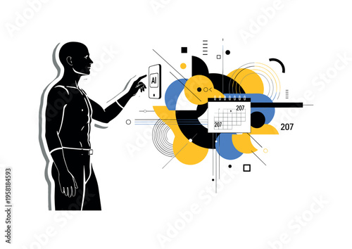 human figure managing calendar via AI assistant abstract circles lines and geometric shapes representing scheduling and personal management black and white