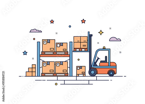 Warehouse materials handling scene featuring a forklift lifting a pallet of boxes onto a storage shelf. The composition highlights industrial logistics, supply