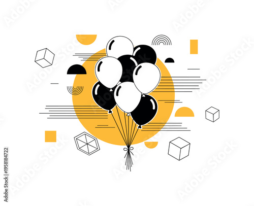 black and white bouquet of balloons arranged in different sizes tied with strings, bold yellow circle behind the cluster representing celebration, thin