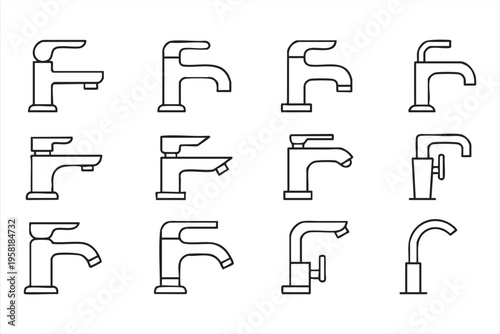 Plumbing Faucet Icons Featuring Sink Taps and Water Flow Elements