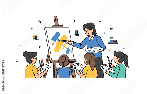 Art teacher guiding students through painting techniques while demonstrating brush strokes on a canvas at an easel. Several students observe closely with small
