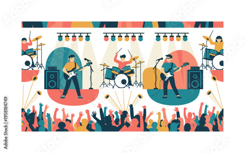rock festival motifs seamless pattern, bands performing live, guitars, drums, microphones, stage lights and cheering crowds arranged in a repeating pattern,