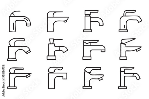 Sink Tap Icon Set with Water Flow and Bathroom Fixture Elements