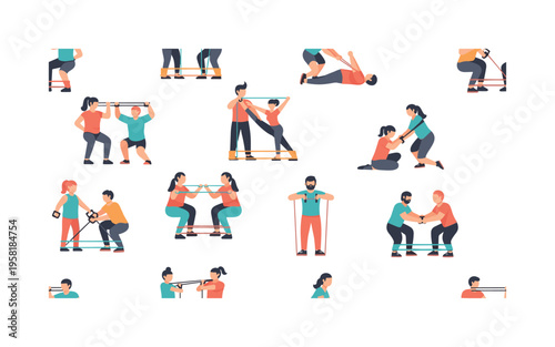 partner training exercises seamless pattern, pairs doing resistance bands stretching and assisted squats arranged in a repeating pattern, white background with