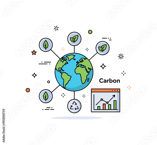 Carbon trading market concept centered on a globe icon connected with green leaf tokens and a small price chart labeled ?Carbon?. The scene