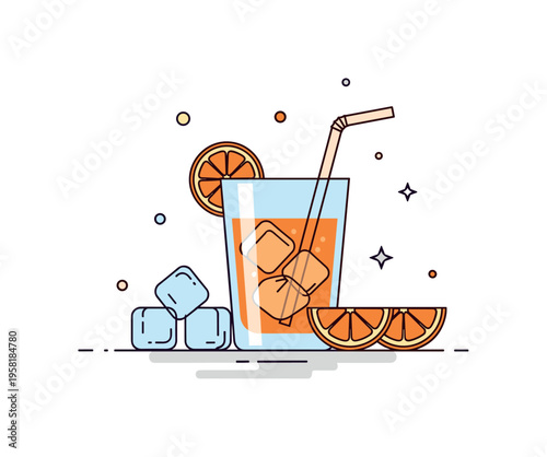 Summer refreshment moment featuring a chilled glass of freshly squeezed orange juice with a straw while ice cubes and citrus slices sit nearby. The scene