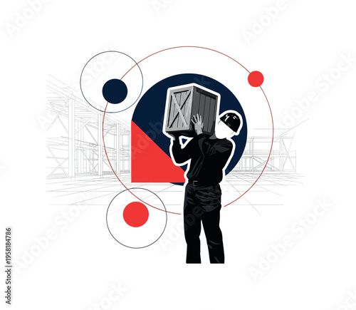 black and white worker carrying a large crate on shoulder, cut-out collage figure with white outline, abstract circular halos and structural grid lines