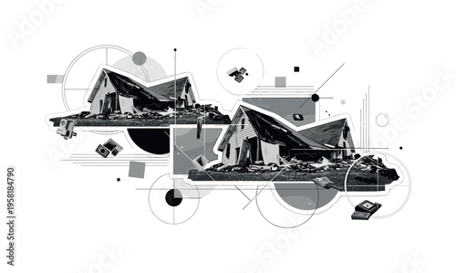 collapsed homes with scattered belongings, geometric circles lines and abstract blocks illustrating loss and disruption, black and white retro realistic scene