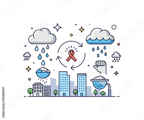 Water cycle clouds releasing rainfall over a cityscape representing precipitation, collection, and interaction with human environment. Decorative spark icons