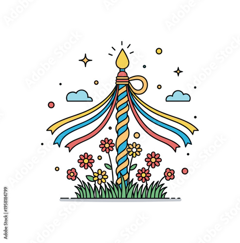 May Day festivities spring meadow celebration where blooming flowers surround a festive pole with flowing ribbons. The bright composition conveys happiness,