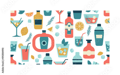 bar mixology seamless pattern, spirits bottles, mixers, cocktail shakers, glasses, ice cubes, citrus wedges and herbs arranged in a repeating pattern, white