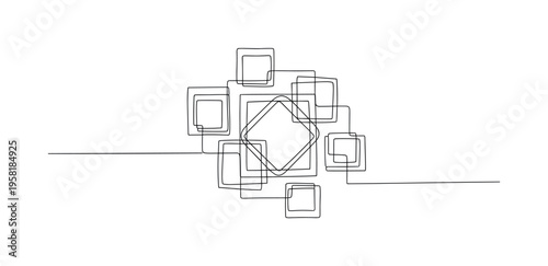 Abstract Squares. Minimalistic one-line drawing multiple abstract square shapes arranged decoratively, continuous single black line on white background, simple
