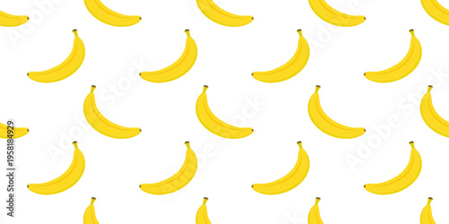 Seamless banana pattern with ripe yellow fruit on white background for textile and packaging design