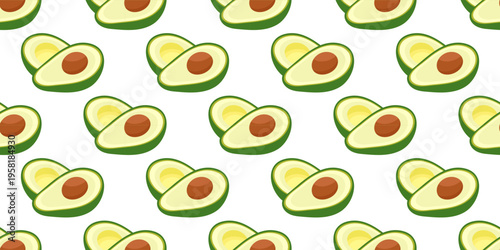 Seamless avocado pattern with fresh cut halves on white background for food packaging and textile design