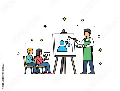 Live painting event with an artist standing at an easel while a small audience watches the artwork gradually appear on the canvas. The scene captures