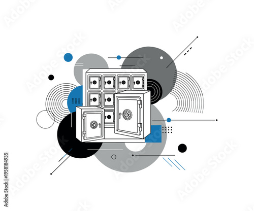 vault room with multiple safe boxes abstract circles lines and geometric shapes representing high-security storage black and white retro safe objects with