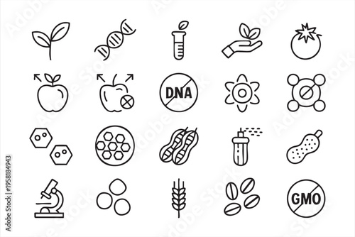 GMO Icon Set with Biotechnology Agriculture and Scientific Research Concepts