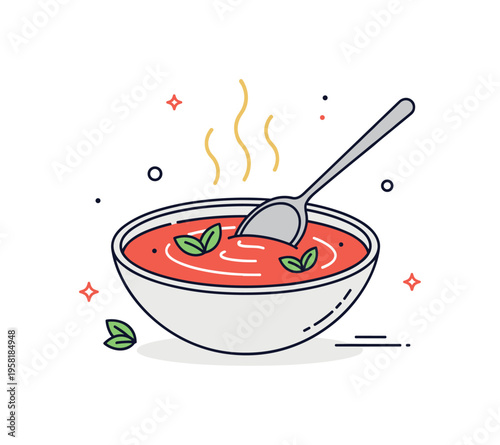 Tomato soup with spoon smooth creamy soup served in a round bowl with a spoon dipping into the surface while warm steam rises above. Tiny basil leaf accents