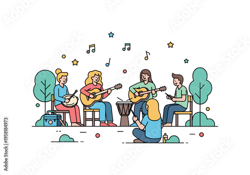 Outdoor jam session friends gathered in a relaxed circle in a small park playing guitar and hand drum while music notes float lightly in the air. The scene