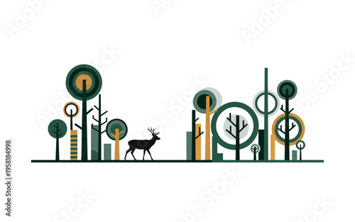 monochrome deer walking along a forest path formed by abstract geometric tree shapes, layered circular rings and rectangular blocks creating balanced woodland