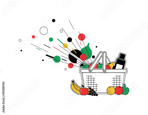picnic basket with fruits and bottle abstract circles lines and geometric shapes representing relaxed outdoor activity black and white retro basket object with