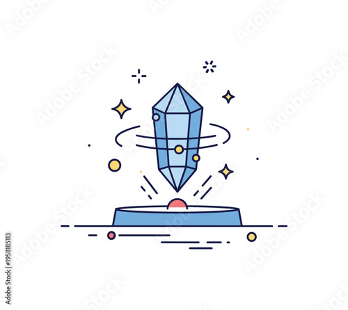 Magic element glowing crystal floating above a small circular platform with spark icons and subtle energy lines around it. The scene represents mystical power,