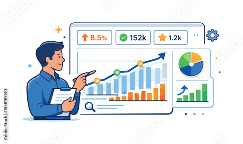Data scientist chart analysis showing a simplified dashboard with rising graphs and highlighted data points, conveying progress, trends, and analytical clarity
