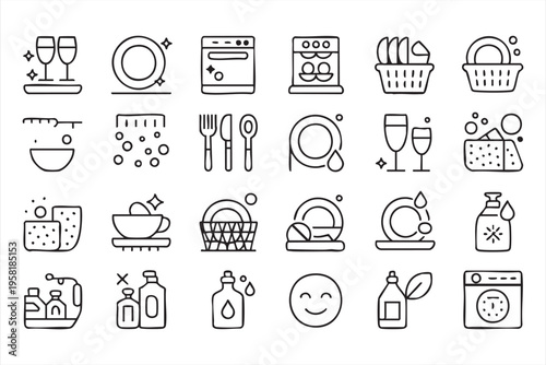 Kitchen Cleaning Icons Featuring Dishwasher Sponge and Sanitation Elements
