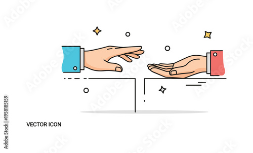 Reaching for support with a hand extended toward another open palm across a small gap. The scene represents trust, guidance and mutual assistance. Minimalist