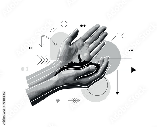 close-up of hand covering face abstract circles lines and geometric shapes representing fear and apprehension black and white retro hand object with white