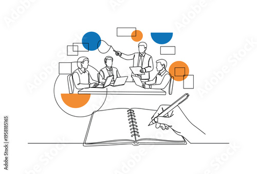 Manager Directing Team. Minimalistic one-line drawing marketing manager coordinating tasks with team members around table, continuous single black line on