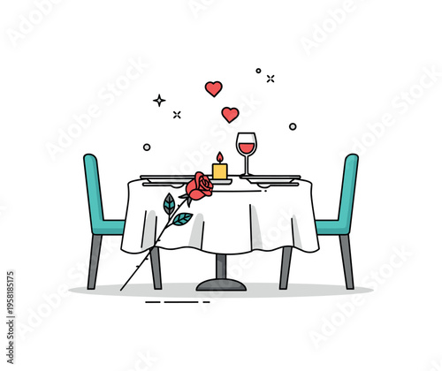 Romantic restaurant table with two plates, a small candle, and a single rose resting beside the setting. Elegant intimate scene reflecting love, celebration,