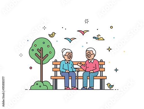 Senior companionship moment two elderly friends sitting on a park bench sharing conversation while a small tree and birds create a peaceful atmosphere. Warm