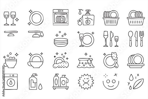 Kitchen Hygiene Icons Set with Dishwasher Sponge and Detergent Symbols