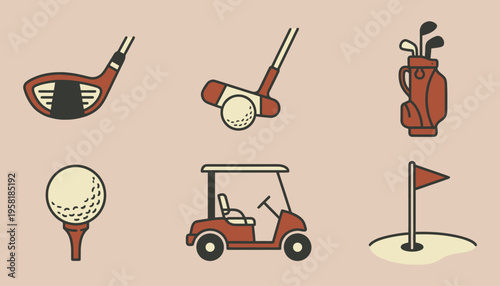 Minimalist golf equipment icons set in vintage style