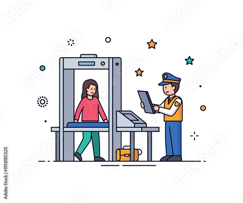 Airport safety checkpoint passenger walking through a security scanner while a guard monitors the checkpoint. Clean concept highlighting safety protocols and